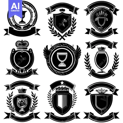 Aset desain premium: Nine Black and White Heraldic Shields with Banners and Emblems