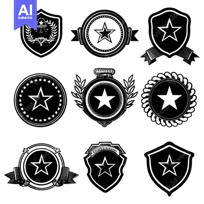 Aset desain premium: Collection of Black and White Star-Shaped Badges with Decorative Eleme