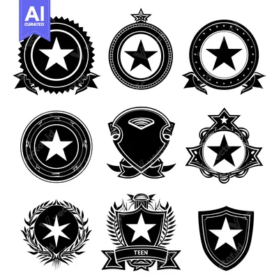 Aset desain premium: A collection of nine black and white star-shaped emblems