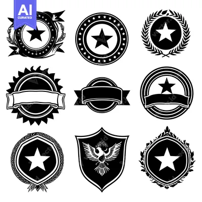 Collection of Black and White Star-Themed Emblems with Various Borders