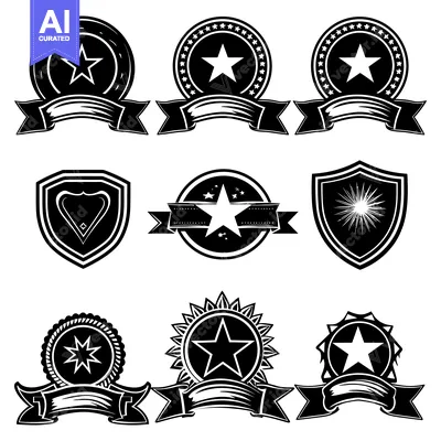Aset premium populer: A Collection of Black and White Star-Themed Badges with Ribbons and Sh