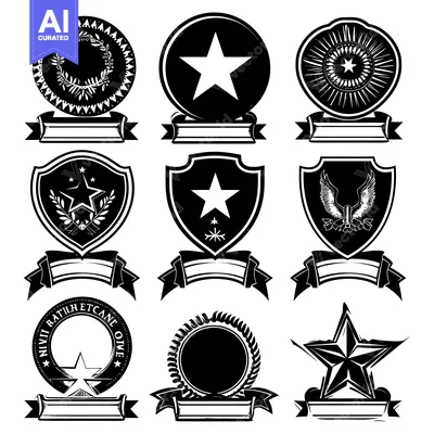 Collection of Black and White Star-Themed Insignias with Blank Banners