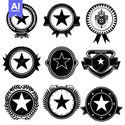 Premium design asset: Collection of Black and White Star-Shaped Badges with Various Designs