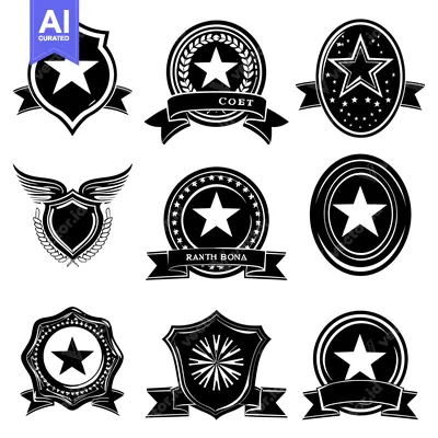 Aset desain premium: Collection of Black and White Star-Shaped Badges with Ribbons