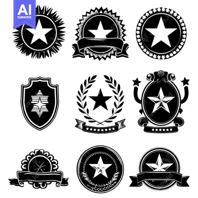 Aset premium populer: Nine Black and White Star-Shaped Emblems with Various Designs