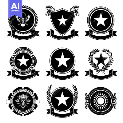 Aset premium populer: Nine Black and White Heraldic Emblems with Stars and Ribbons