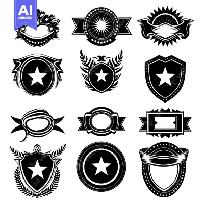 Aset desain premium: Collection of Black and White Star-Themed Heraldic Emblems