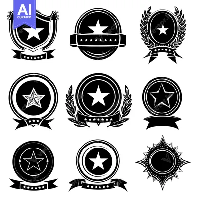 Aset premium populer: Collection of Black and White Star-Shaped Badges with Ribbons