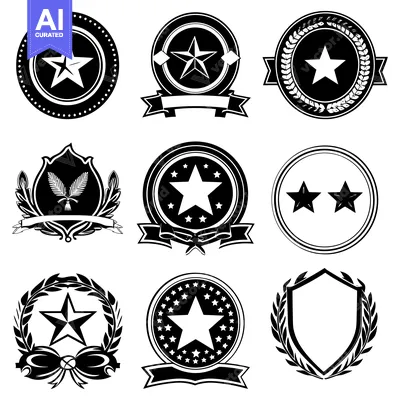 Aset desain premium: Nine Black and White Star-Themed Badges with Laurel Wreaths and Ribbon