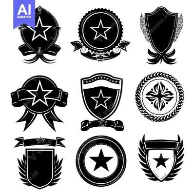 Aset desain premium: Collection of Black and White Star-Shaped Heraldic Emblems