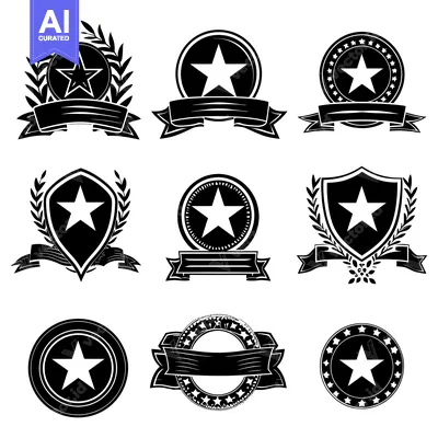 Popular premium asset: Collection of Black and White Star-Shaped Emblems with Ribbons and Lau