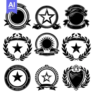 Aset desain premium: Black and White Vintage Design Elements with Stars, Banners, and Wreat