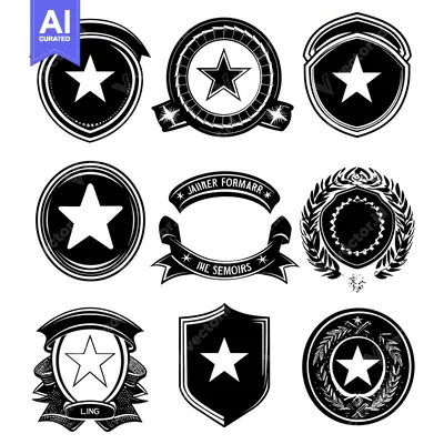 Premium design asset: Nine Black and White Star-Shaped Emblems with Decorative Elements