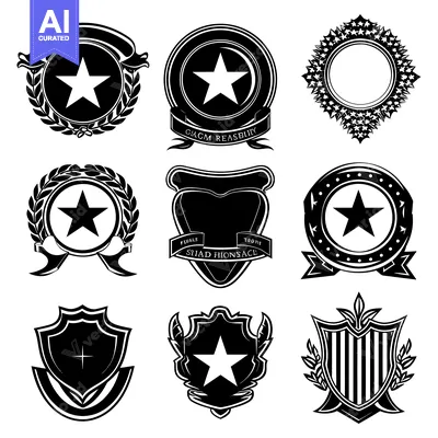 Aset premium populer: A Collection of Black and White Heraldic Shields and Badges with Stars