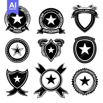 Aset desain premium: Nine Black and White Star-Shaped Emblems