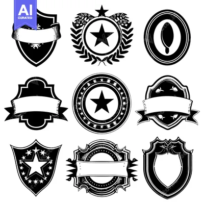 Aset desain premium: Collection of Black and White Heraldic Shields and Badges