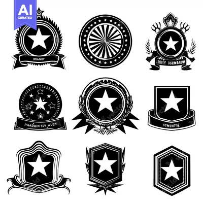 Aset premium populer: Nine Black and White Star-Shaped Emblems with Decorative Elements