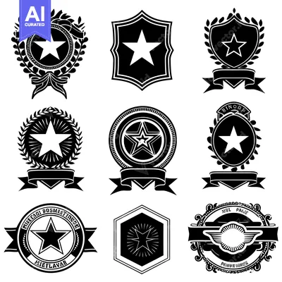 Aset desain premium: Collection of Black and White Star Badges with Banners