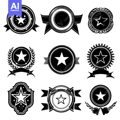 Premium design asset: Nine Black and White Star-Shaped Emblems with Decorative Frames