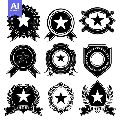 Aset premium populer: Black and White Star-Shaped Badges with Different Frames and Ribbons
