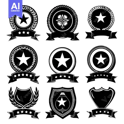 Popular premium asset: Nine Black and White Star-Shaped Badges with Laurels and Ribbons