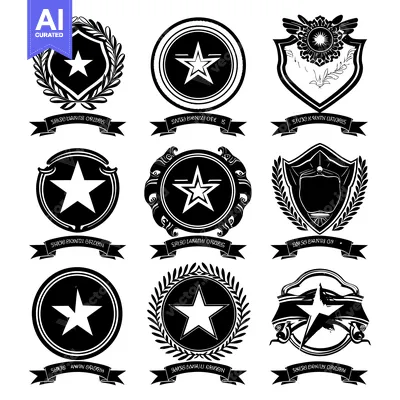 Nine Black and White Star-Shaped Heraldic Emblems with Ribbons