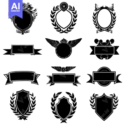 Aset desain premium: Collection of Blank Black and White Heraldic Shields, Ribbons, and Lau