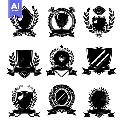Aset desain premium: Collection of Black and White Heraldic Shields with Laurels and Ribbon