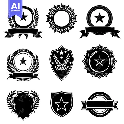 Aset desain premium: Collection of Nine Black and White Star-Themed Emblems