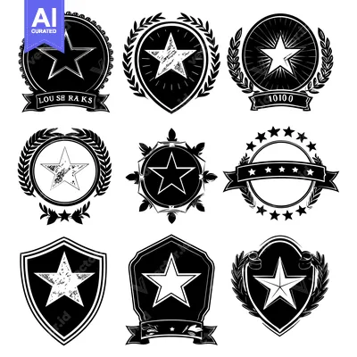 Aset premium populer: Collection of Black and White Star Emblems with Laurel Wreaths and Rib