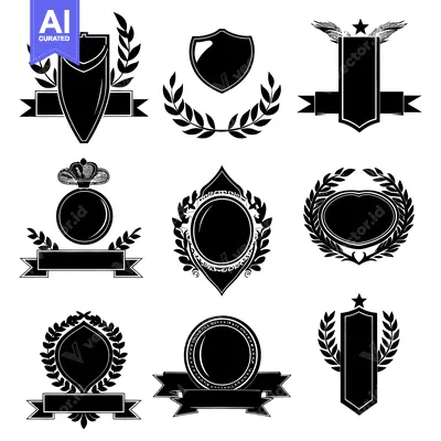 Aset desain premium: Collection of Black and White Laurel Wreath and Shield Emblems