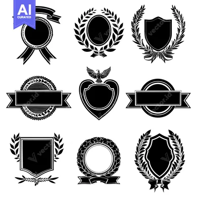 Aset premium populer: Nine Black and White Blank Heraldic Crests with Laurel Wreaths and Rib