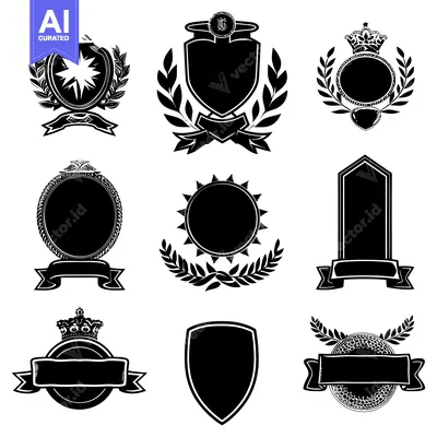 Aset premium populer: Collection of Blank Black and White Heraldic Shield, Crown and Wreath
