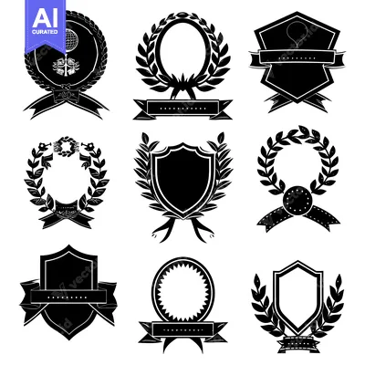 Aset desain premium: Collection of Blank Black and White Award Badges with Ribbons and Laur