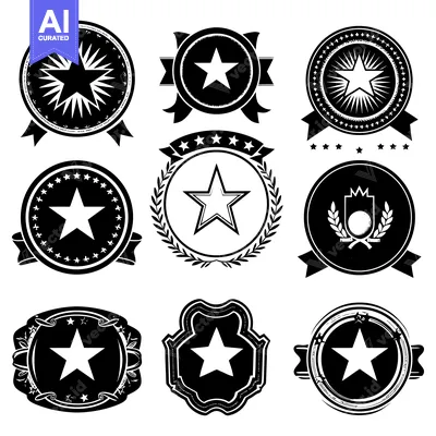Aset desain premium: Nine Black and White Star-Themed Badges with Various Designs