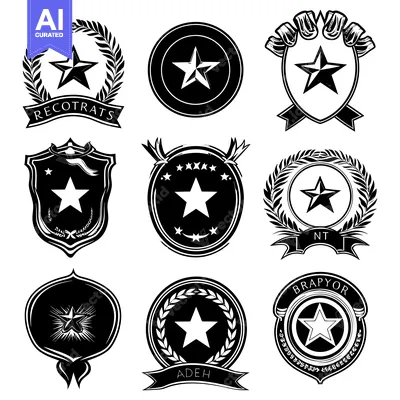 Nine Black and White Star-Shaped Badges with Different Borders and Des