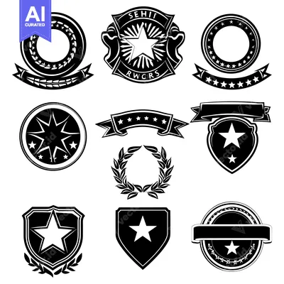 Collection of Black and White Star-Themed Badges and Emblems
