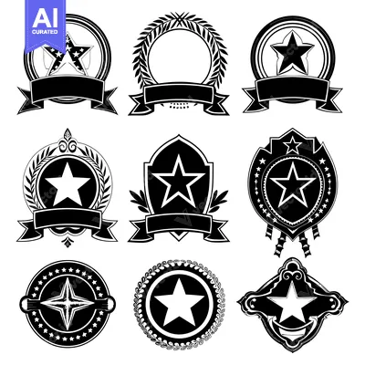 Collection of Black and White Star-Shaped Badges with Ribbons and Laur