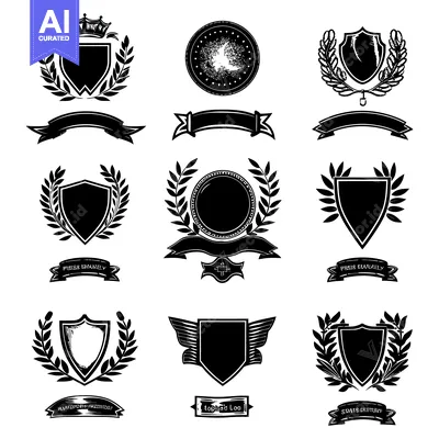 Aset premium populer: Collection of Black and White Heraldic Shields with Crowns and Laurels