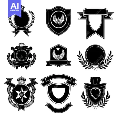 A Set of Nine Black and White Heraldic Emblems with Crowns, Laurels, S