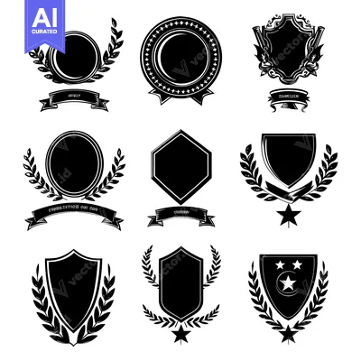 Aset desain premium: Set of nine black and white heraldic emblems with shields, wreaths, an