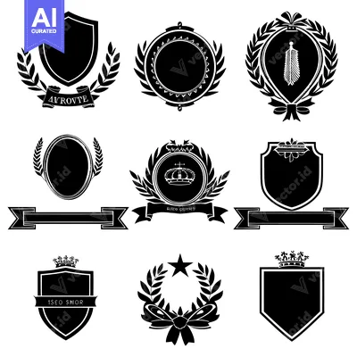 Aset premium populer: Collection of Blank Black and White Heraldic Shields, Wreaths, and Ban