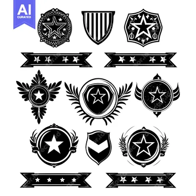 Premium design asset: Collection of Black and White Star-Shaped Badges and Ribbons