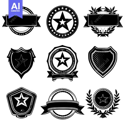Aset desain premium: Nine Black and White Star-Themed Badges with Banners and Laurels