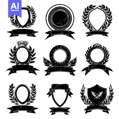 Set of Nine Black and White Laurel Wreath Frames with Banners