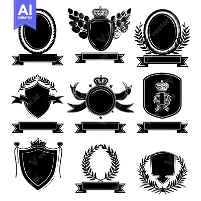 Aset desain premium: Collection of Blank Black and White Heraldic Crests and Shields