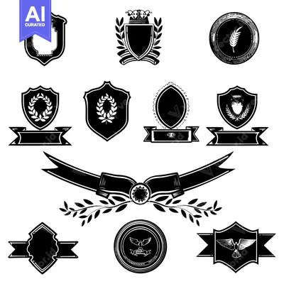 Collection of Black and White Vintage Emblems and Shields