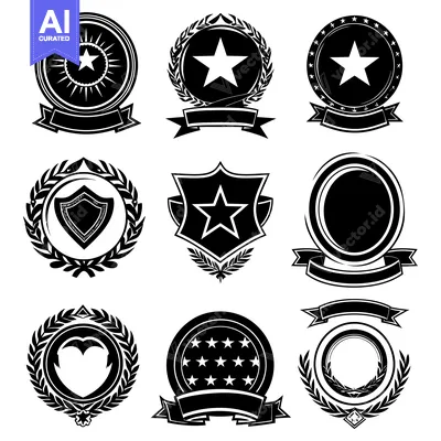 Aset premium populer: Collection of Black and White Award Badges with Stars, Laurels, and Ri