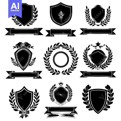 Collection of Black and White Heraldic Shields with Laurels and Banner