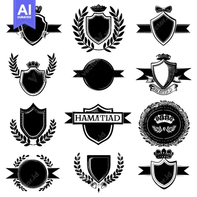 Premium design asset: Collection of Black and White Heraldic Shields, Crowns, and Laurel Wre